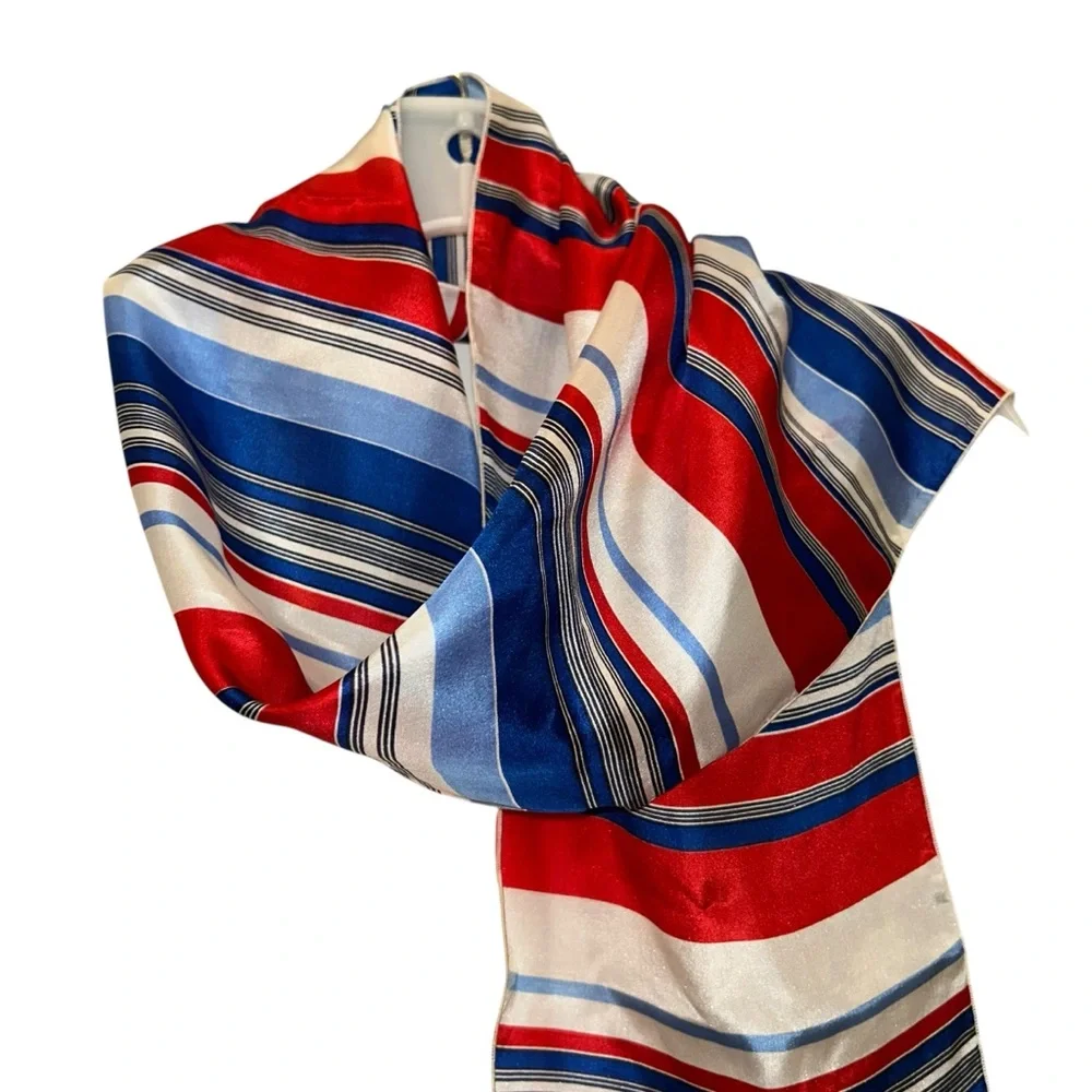 Vintage silk fringe Striped Red white and Blue Scarf